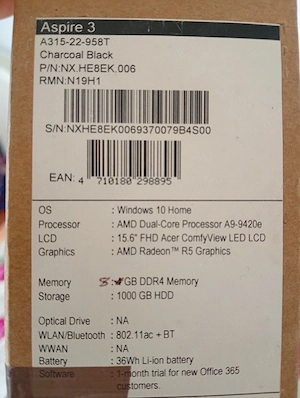 Laptop Acer Aspire 3. 2019
