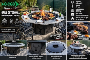 Grill octogonal profesional 1,6 m   plită mare din oțel, structură metalică 200 kg