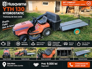 Tractor de tuns iarba Husqvarna YTH 130 Hydrostatic + colector + remorcă