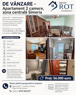 Vând apartament 2 camere Simeria central