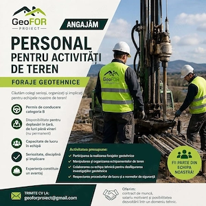GeoFor Proiect angajează muncitor pentru activități de teren și foraje geotehnice