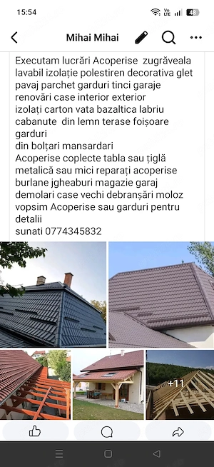 Executam Acoperise jgheaburi burlane țiglă metalică foișoare terase reparați acoperiș decorativa pol