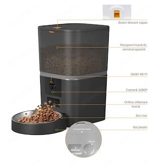 Hrănitor Automat Inteligent pentru Animale, recipient 6L, Wi-Fi 2.4G 5G, Cameră 1080p, Aplicatie Mob - imagine 5