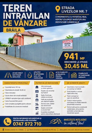 P.F. Vând teren intravilan in Brăila str. Livezilor nr 7 