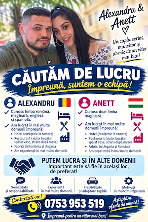 Bună , Noi suntem un Cuplu din România căutam de muncă în Străinătate La Fabrici sau Hotel, Restaura