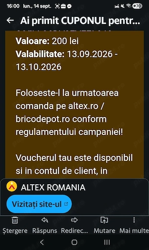 Vând Cupon Altex 200 lei 