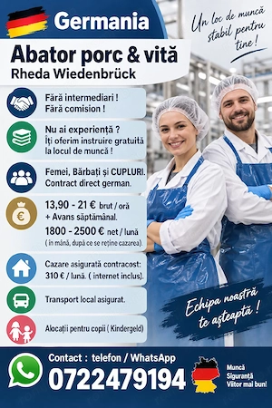 Locuri de muncă  la abator- Germania - Fără experiență  ! 