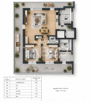  Penthouse cu terasa de 51mp de vanzare 3 camere 2 bai 1 parcare Sibiu - imagine 5