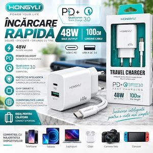 Încărcător Rapid HONGYU 48W cu USB-C PD + USB-A QC 3.0 și Cablu USB-C 1M