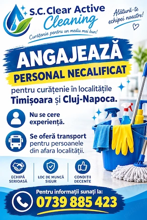 S.C. Clar Active Cleaning, angajează personal pentru curățenie în Timișoara și Cluj-Napoca. 