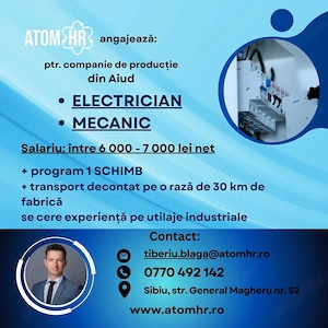 Atom HR angajează ELECTRICIAN si MECANIC pentru companie din AIUD!