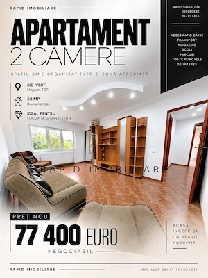 2 Camere | Etaj 3 | Magazin TOP | Sid-Vest | 53 mp | An '88 | Mobilat +Utilat 