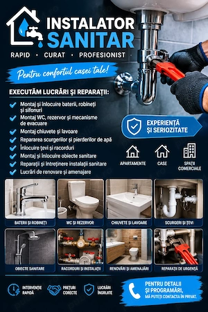  INSTALATOR SANITAR   LUCRĂRI ȘI REPARAȚII  Execut lucrări de instalații sanitare pentru apartamen