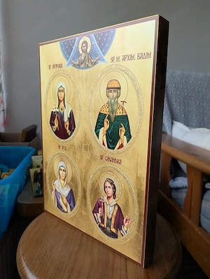 Icoana pe lemn de tei - Mântuitorul, Sf Eva, Sf Arhim Vadim, Sf Victoria și Sf Casandra 21x29 cm
