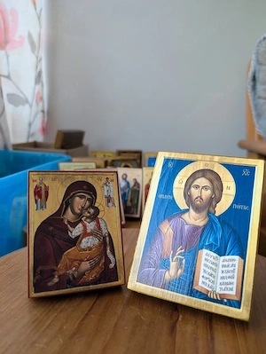 Pachet icoane lemn Iisus Hristos Atotvăzătorul și Maica Domnului cu Pruncul