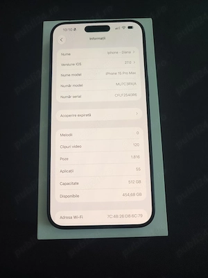 Iphone 15 Pro Max 512 GB Componente originale Achizitionat de nou