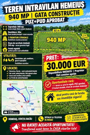 Teren 940mp Hemeiuș | PUZ+PUD Aprobat | 2 Fronturi |