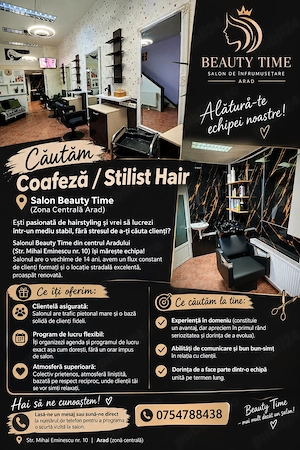 Căutăm Coafeză   Stilist Hair   Salon Beauty Time (Zona Centrală Arad)