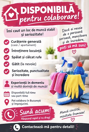 DISPONIBILĂ IMEDIAT   MENAJ ȘI CURĂȚENIE    Sunt o persoană serioasă, muncitoare, punctuală - imagine 2
