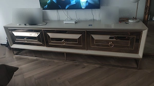 Comoda TV de lux cu oglinda si detalii aurii, 238x45x70 cm