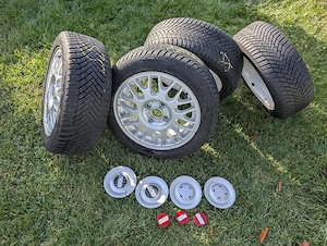Jante set 4 BBS 4x100 + anvelope mixte M+S 195/50 R15, originale Volkswagen 1HO 601 025