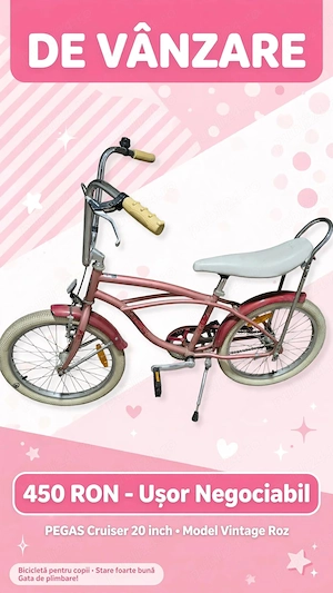 VÂND Bicicletă Pegas Fetițe 20 inch, Model Cruiser Vintage, culoare Roz Pudră - SUPERBĂ!