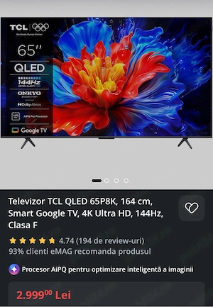 Televizor TCL QLED 65P8K, 65    164 cm, 4K, 144Hz, Google TV   Garanție până în 2030