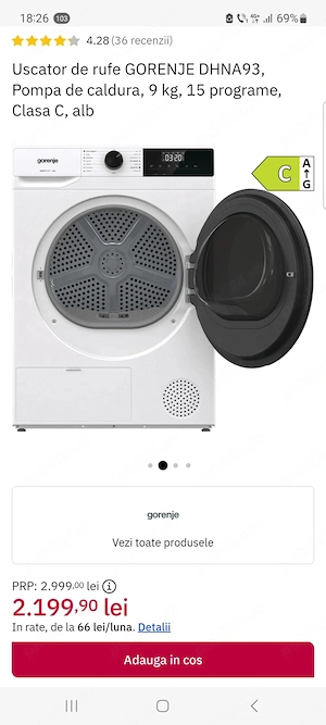 Uscător rufe electric Gorenje cu pompe de căldură 