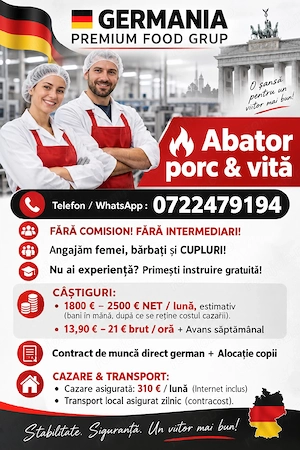 Locuri de muncă  la abator- Germania - Fără experiență  ! 