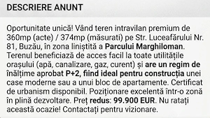 Teren intravilan de vânzare   374 mp | Str. Luceafărului nr. 81 | Zona Parcul Marghiloman | BUZAU - imagine 2