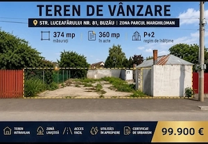 Teren intravilan de vânzare   374 mp | Str. Luceafărului nr. 81 | Zona Parcul Marghiloman | BUZAU