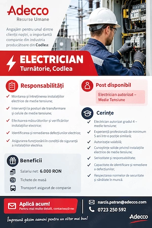 Angajam Electrician Autorizat Mentenanta
