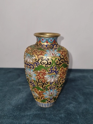 Vază Cloisonné vintage, email policrom, decor floral oriental, aprox. 16 cm 200