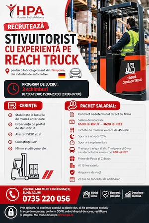 HPA recruteaza Stivuitorist cu experienta pe reachtruck, pentru o fabrica din Calea Aviatorilor