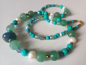 Colier distins, aventurin, turquoise și argint 