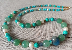 Colier distins, aventurin, turquoise și argint 