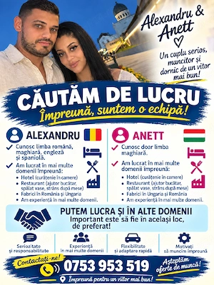 Bună , Noi suntem un Cuplu din România căutam de muncă în Străinătate La Fabrici sau Hotel, Restaura
