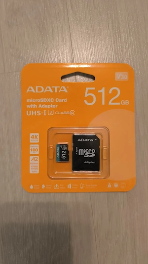 Card de Memorie microSDXC ADATA 512GB 100MB s 4K A2 V30 + Adaptor SD Sigilat   NOU