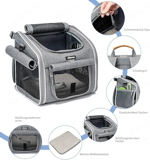  Coș Bicicletă & Rucsac Transport Câini BABEYER, Extensibil, 4 Uși, 4 Ferestre Plasă, Gri, 3 7 kg - imagine 3