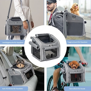  Coș Bicicletă & Rucsac Transport Câini BABEYER, Extensibil, 4 Uși, 4 Ferestre Plasă, Gri, 3 7 kg