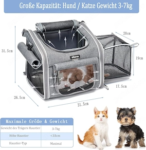  Coș Bicicletă & Rucsac Transport Câini BABEYER, Extensibil, 4 Uși, 4 Ferestre Plasă, Gri, 3 7 kg - imagine 4