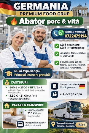 Locuri de muncă  la abator- Germania - Fără experiență  ! 