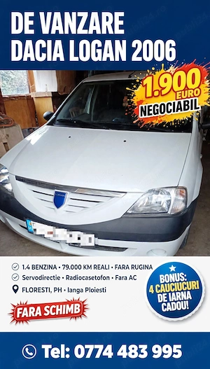 Vand Logan din 2006, 1.4, benzina, 75 cai, 79.000 km reali, unic proprietar , Floresti Prahova.