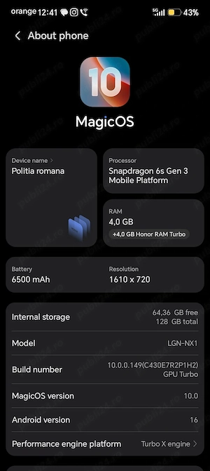 Telefon HONOR 10 magic OS