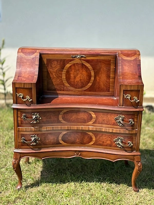 Secrétaire vintage cu intarsii, furnir decorativ și sertare, stil clasic