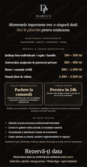 Fotograf & videograf evenimente(nunti, cununii civile, botezuri, zile de nastere, etc.) ședințe foto