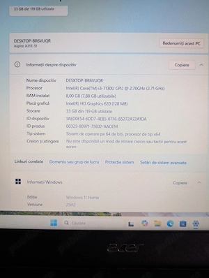 Laptop Acer Aspire 3 A315, cu procesor Intel Core i3-7130U, ram 8 GB DDR4