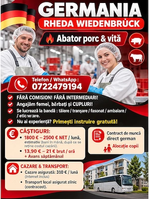 Locuri de muncă  la abator- Germania - Fără experiență  ! 