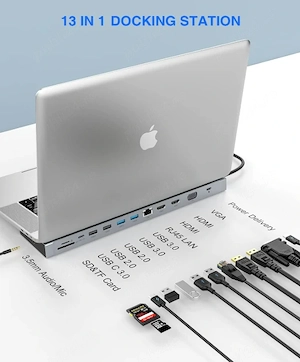 Hub   Docking Station USB-C 13 în 1 TOTU - Dual HDMI 4K, VGA, Power Delivery 100W, Gigabit LAN, Citi