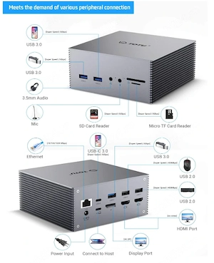 Docking Station TOTU TT-DC001A USB-C Triple Display 4K HDMI DisplayPort Gigabit LAN SD Card Hub Lapt - imagine 3